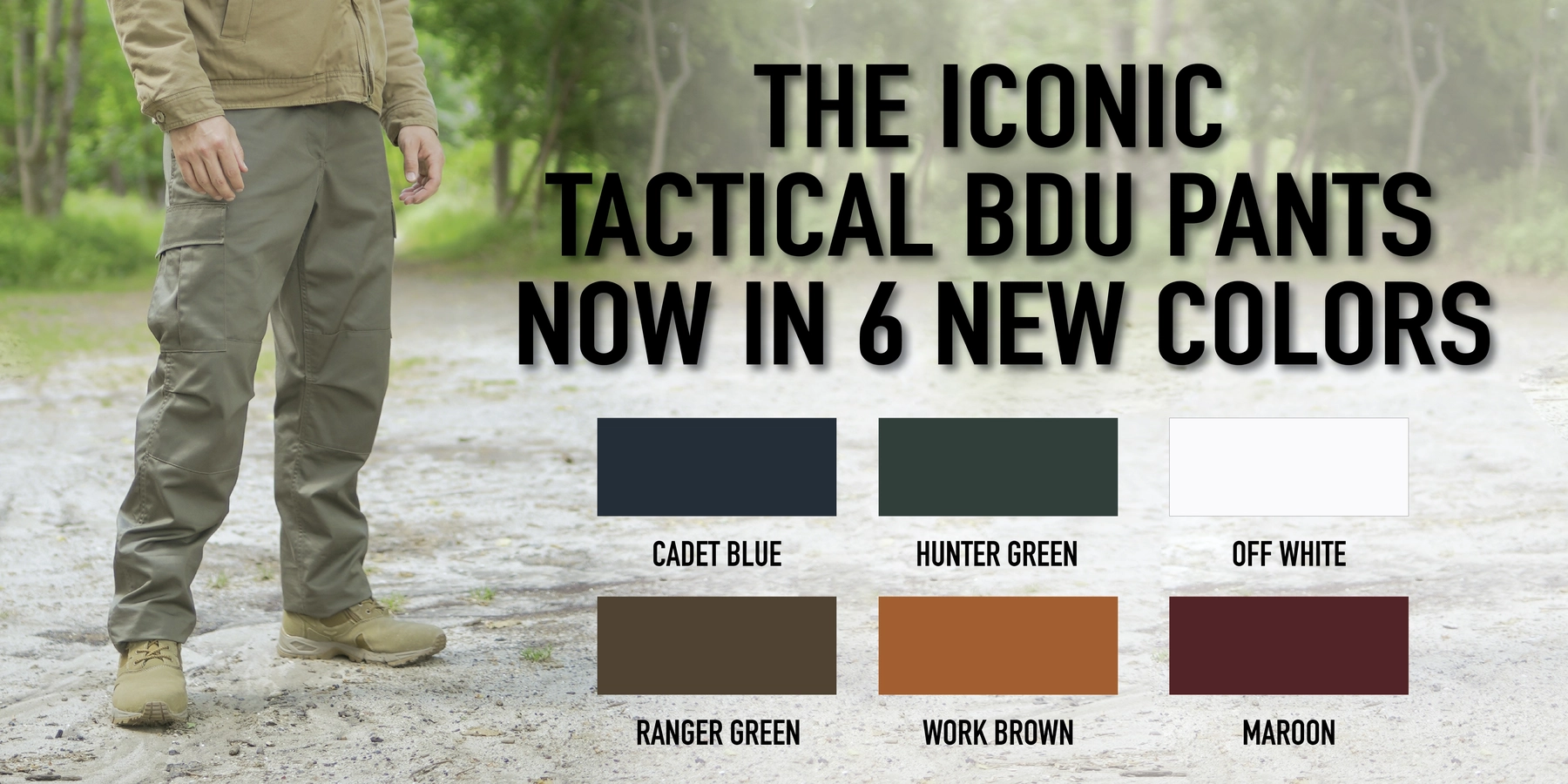 Banner showing off all six new colors of our cargo pants